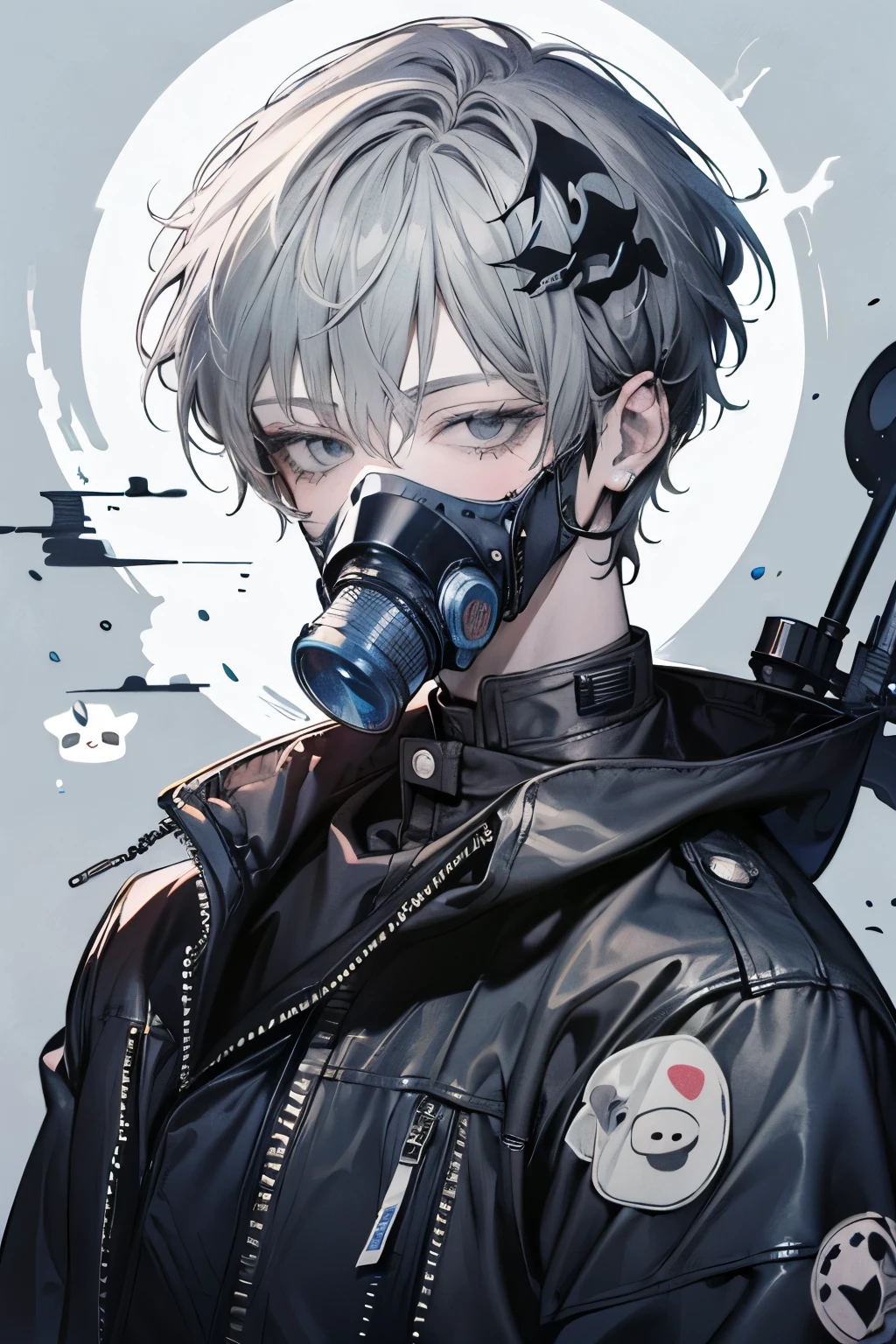 Beautiful young man, darkblue-haired, ((Gray eyes)),(short wave hair:1.2), (gas mask:1.2),leather jacket,clear wear,High quality, amount of drawing, pixiv illustration,(animal sticker:1.2),close-up Face.