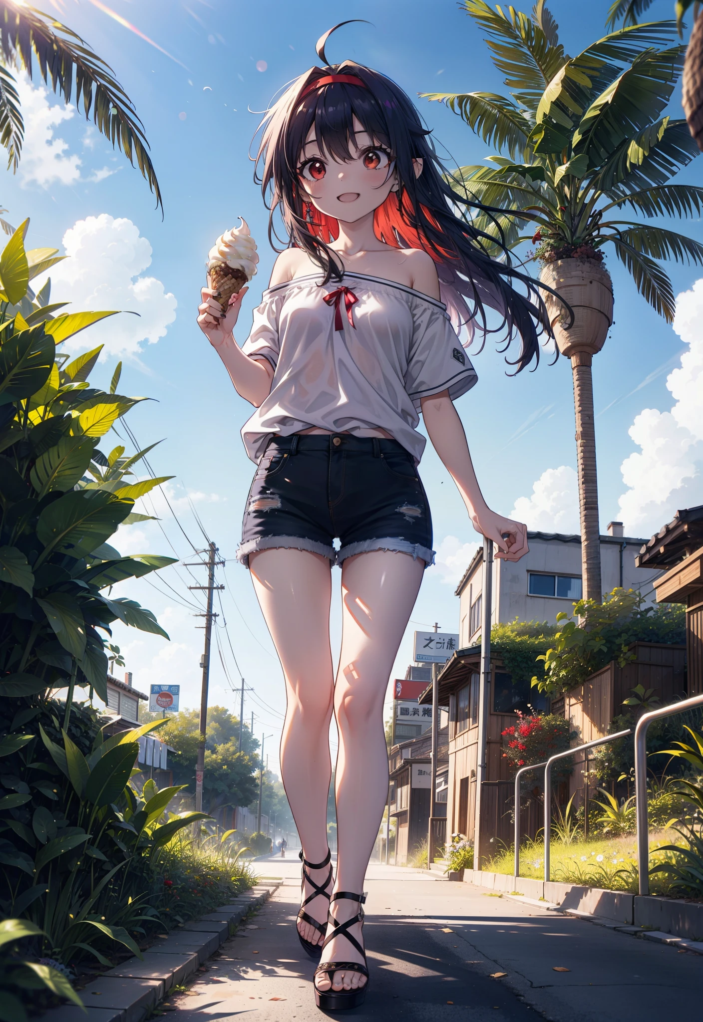 yuukikonno, Yuuki Konno, , Long Hair, Pointed Ears, Purple Hair, Ahoge,(Red eyes:1.5), (Small breasts:1.2), hair band,Oversized one-shoulder shirt,Short sleeve,Shorts,Heeled Sandals,Walking,Daytime,Clear skies,Holding and eating ice cream with both hands,happy smile,smile, Open your mouth,whole bodyがイラストに入るように,Palm tree,
break looking at viewer, whole body,
break outdoors, tropical,In town,
break (masterpiece:1.2), Highest quality, High resolution, unity 8k wallpaper, (figure:0.8), (Beautiful attention to detail:1.6), Highly detailed face, Perfect lighting, Highly detailed CG, (Perfect hands, Perfect Anatomy),