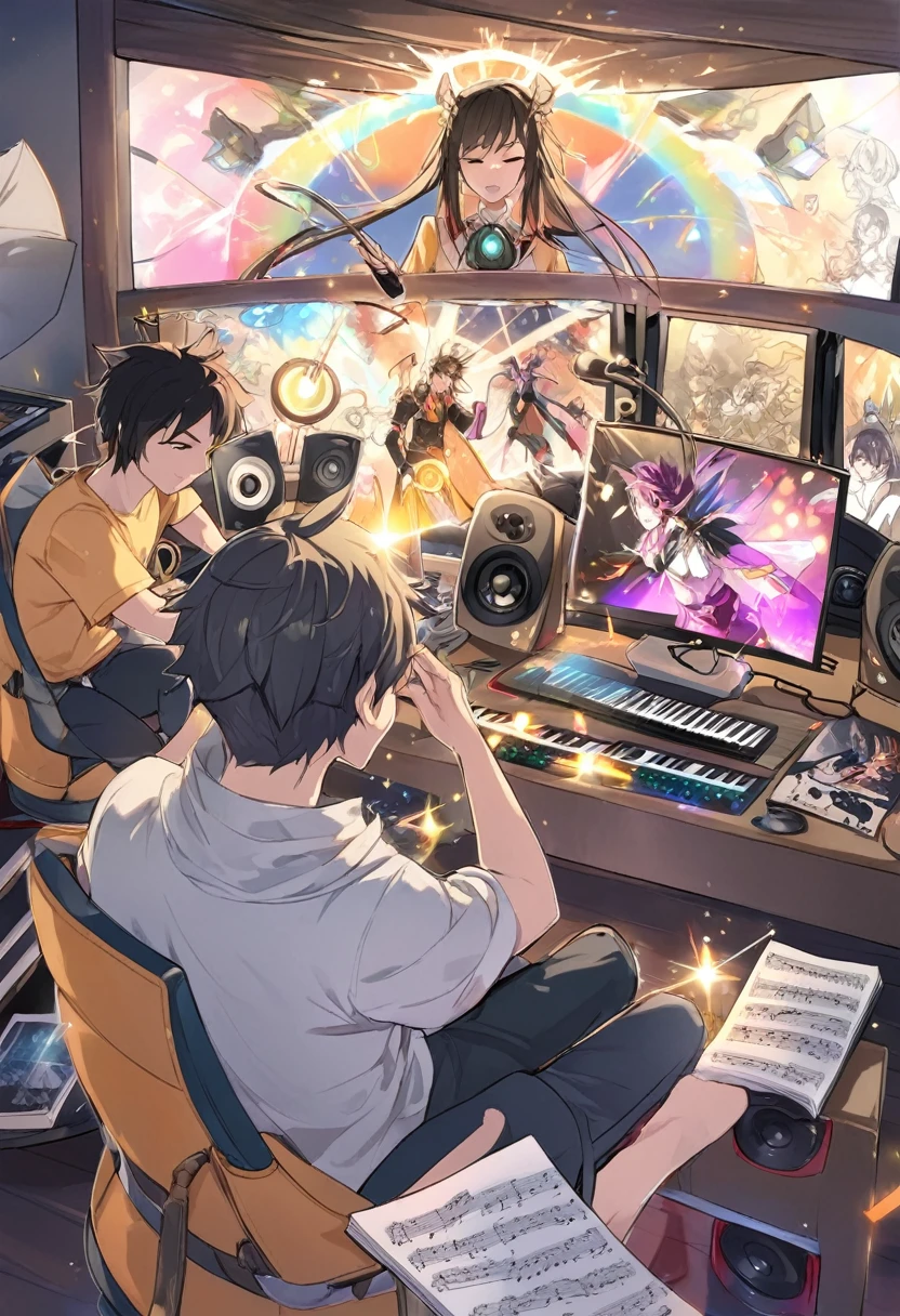 An illustration in the style of fan art depicting an East Asian female protagonist with sound manipulation powers, and a Latino male protagonist who controls light, from a well-loved fantasy battle manga. They are in a music studio, collaborating on creating a magical symphony with their powers, surrounded by musical notes and beams of colorful light, showcasing their daily life beyond battles. suitable for a fan-created work that could be shared on platforms like Pixiv or ,