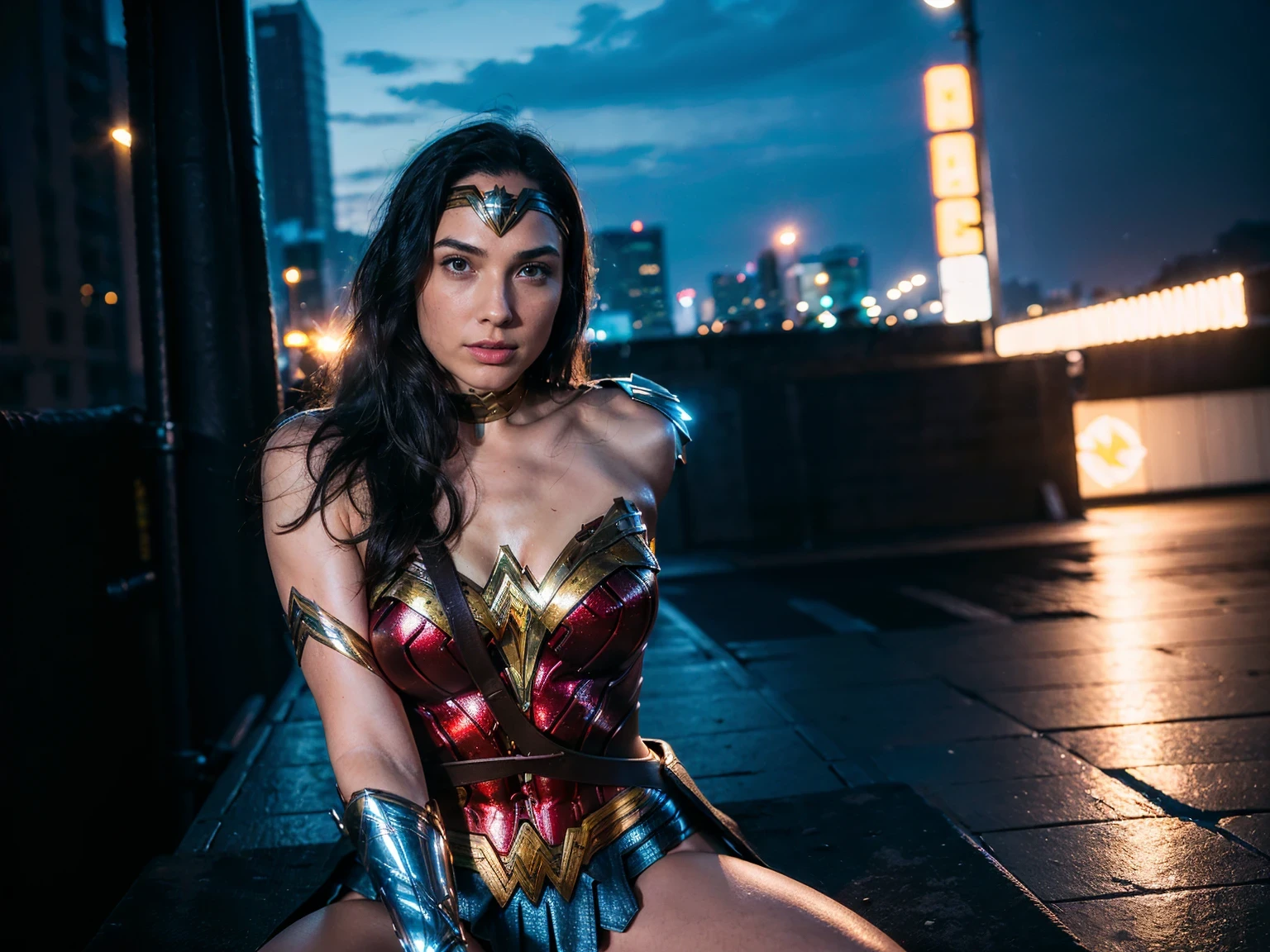 ((masterpiece), (solo character), (photorealistic:1.4), ),(best quality), (epiCRealLife),, (galgadot in wonder woman costume), (wonder woman armor),  (lora:epiCFlashPhoto),(flashphoto),) (look at viewers), (outdoor), (Tokyo Night), (neon lights), (widescreen photo), (from front), galgadot facing front), (sitting in front), (galgadot upper body shot), (