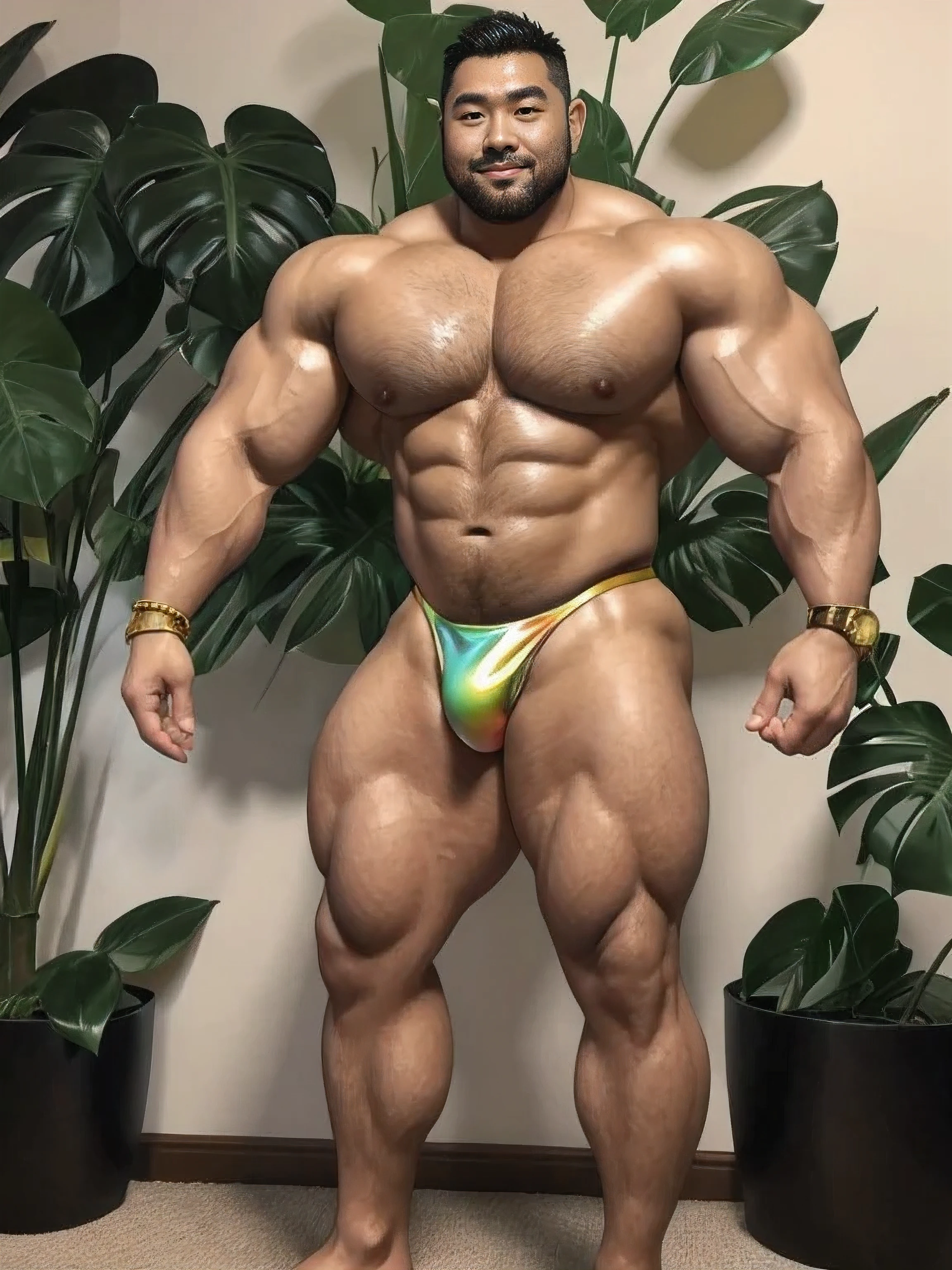 There is only one handsome Chinese man in the photo,35 years old,tall, Fitness,Smooth body,Smooth skin,No chest hair,short hair, O-Shaped Beard,Perfect body, Dark skin color,Radiant Skin,Smooth skin,Shiny, shiny skin,Smooth pectoral muscles,Muscle bulge, muscular, Very large pectoral muscles,Very sexy abdominal muscles,Very well-developed leg muscles,Huge concave and convex area,Brightens oily skin,Wear a fluorescent rainbow leather thong,Handsome face,Normal human toes,Correct and accurate male body proportions,Gold bracelet,Gold anklets,Standing in front of the Monstera forest。