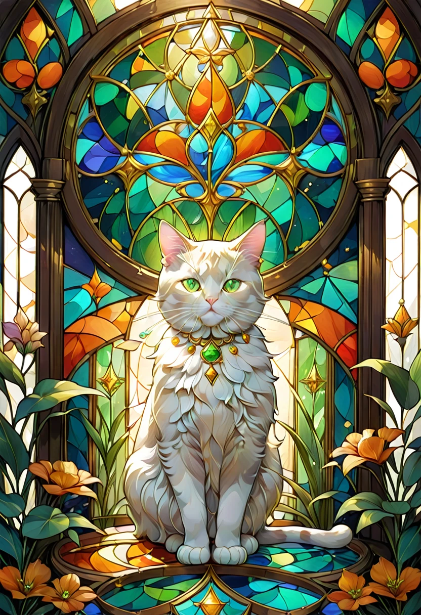 surreal illustration of colorful stained glass window where green and orange are the predominant colors and in the center of the stained glass window, with golden crystals it is believed, a figure of a cat is just a figure in the completely golden geometric stained glass window