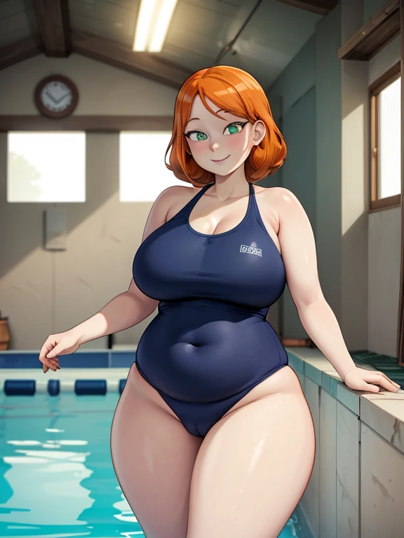 (masterpiece, best quality), 1girl, orange hair, green eyes, pale skin, wearing a dark blue one-piece swimsuit, Chubby, Chubby Face, Round belly, Plump, Fat, Fat Rolls, looking at viewer, smiling, indoors, indoor swimming pool