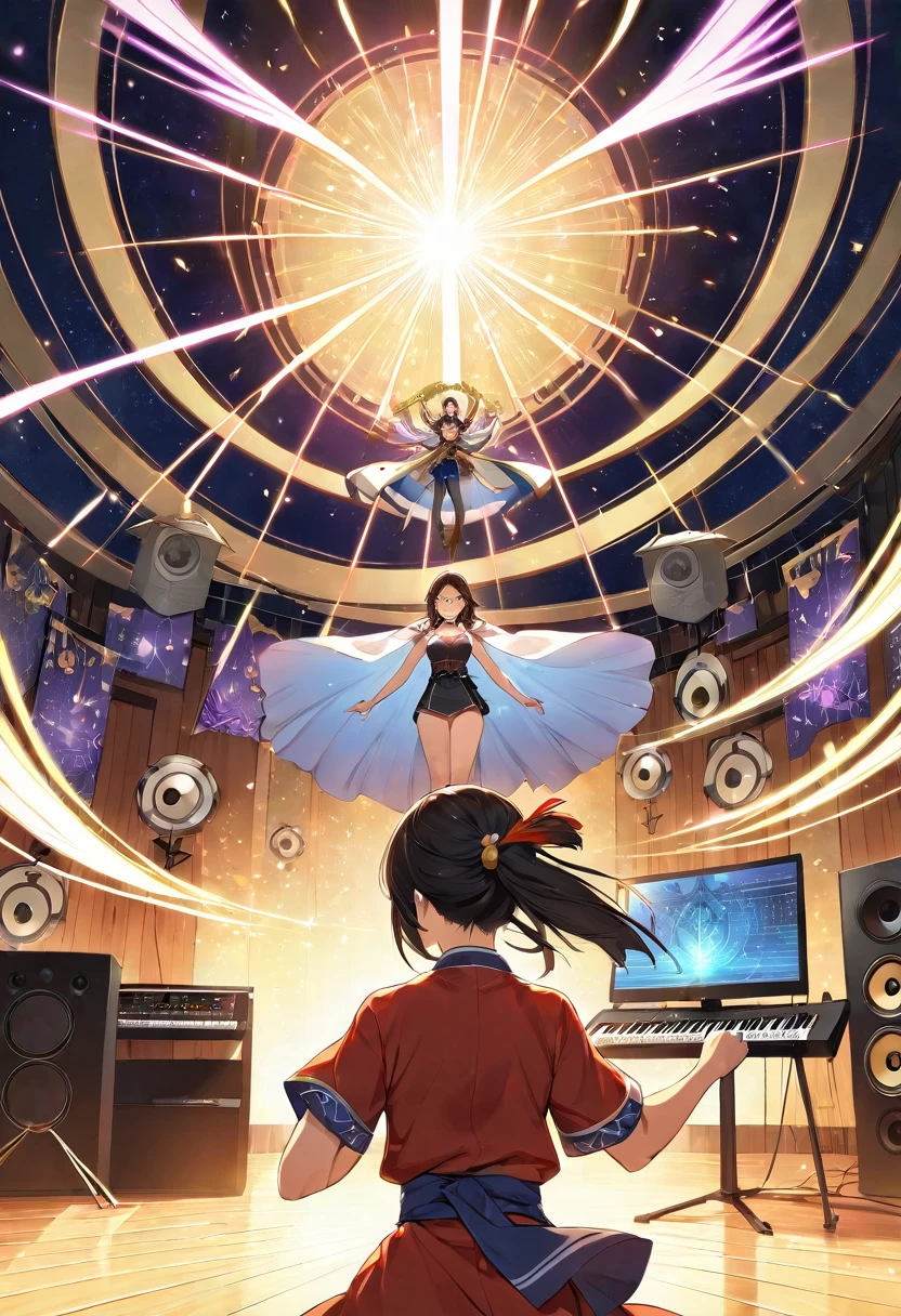 An illustration in the style of fan art depicting an East Asian female protagonist with sound manipulation powers, and a Latino male protagonist who controls light, from a well-loved fantasy battle manga. They are in a music studio, collaborating on creating a magical symphony with their powers, surrounded by musical notes and beams of colorful light, showcasing their daily life beyond battles. suitable for a fan-created work that could be shared on platforms like Pixiv or ,