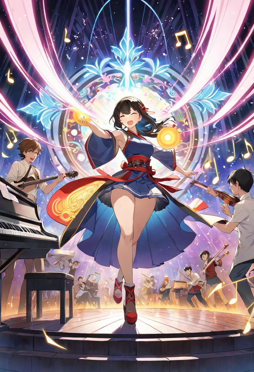 An illustration in the style of fan art depicting an East Asian female protagonist with sound manipulation powers, and a Latino male protagonist who controls light, from a well-loved fantasy battle manga. They are in a music studio, collaborating on creating a magical symphony with their powers, surrounded by musical notes and beams of colorful light, showcasing their daily life beyond battles. suitable for a fan-created work that could be shared on platforms like Pixiv or ,