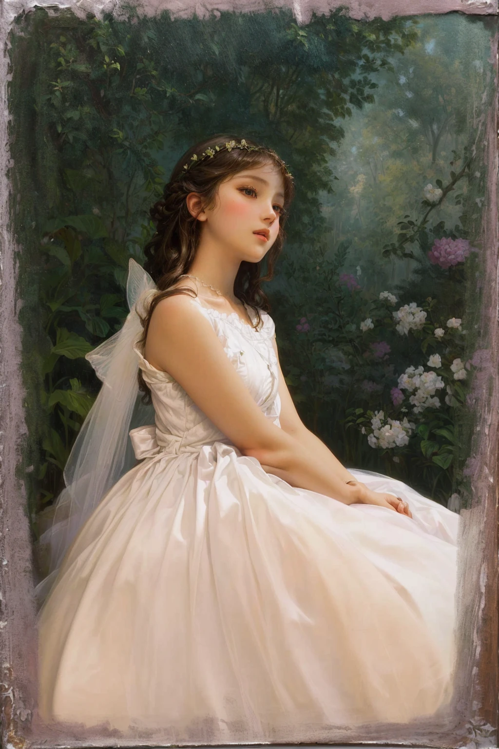 painting of a young girl in a white dress sitting in a garden, Portrait painting of a princess, portrait of fairy princess, princess portrait, Portrait of a princess, inspired by William-Adolphe Bouguereau, princess portrait, Pudica bouguereau style pose, classic portrait, beautiful languid princess, a stunning young ethereal figure