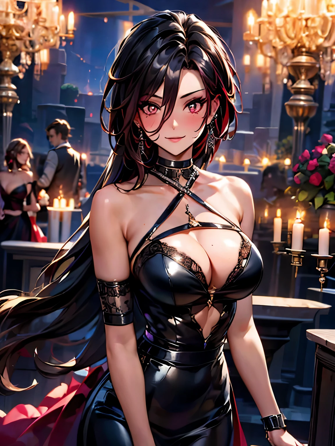 mature woman, 1 girl, alone, solo (masterpiece, best quality, very detailed), sharp focus, detailed face, face focus, focus on face, very detailed eyes, long black cyclamen hair, (cyclamen highlights: 1, 3), side bottom braid, cyclamen red eyes, (sparkling eyes: 1,2), long eyelashes, (strong blush: 1,2), delicate makeup, ((ball lace dress, long skirt, lace, elegant)), Crusader earrings, ear piercing, cinematic lighting, edge lightning, shading, dynamic angle, sharp image, perfect quality, perfectly crafted background, beautiful warm lights, sexy, ballroom, castle, dancing in ballroom, Crystal chandelier, close-up, portrait, solo,