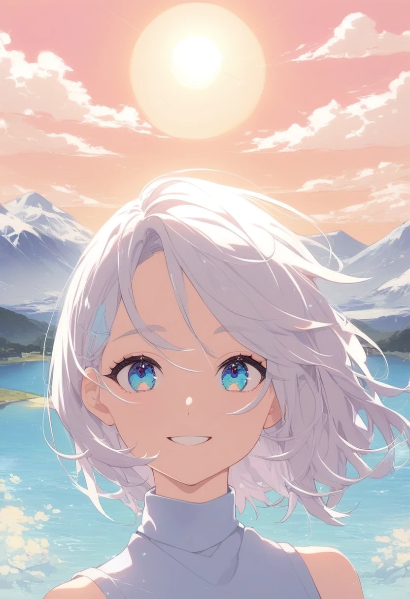 Masterpiece, best quality, very aesthetic, 1girl, smile, white hair, blue eyes, anime illustration, pastel colors, detailed, portrait, scenery, sun