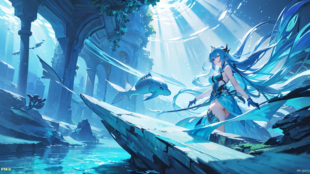 a beautiful shark girl, tall, slender with blue hair, realistic, photorealistic, photo-realistic:1.37, best quality,4k,8k,highres,masterpiece:1.2,ultra-detailed, detailed eyes, detailed lips, extremely detailed face, long eyelashes, beautiful blue hair, elegant pose, underwater scene, coral reef, colorful fish, schools of fish, sunlight shining through the water, glowing bioluminescent plankton, vivid colors, volumetric lighting, cinematic composition