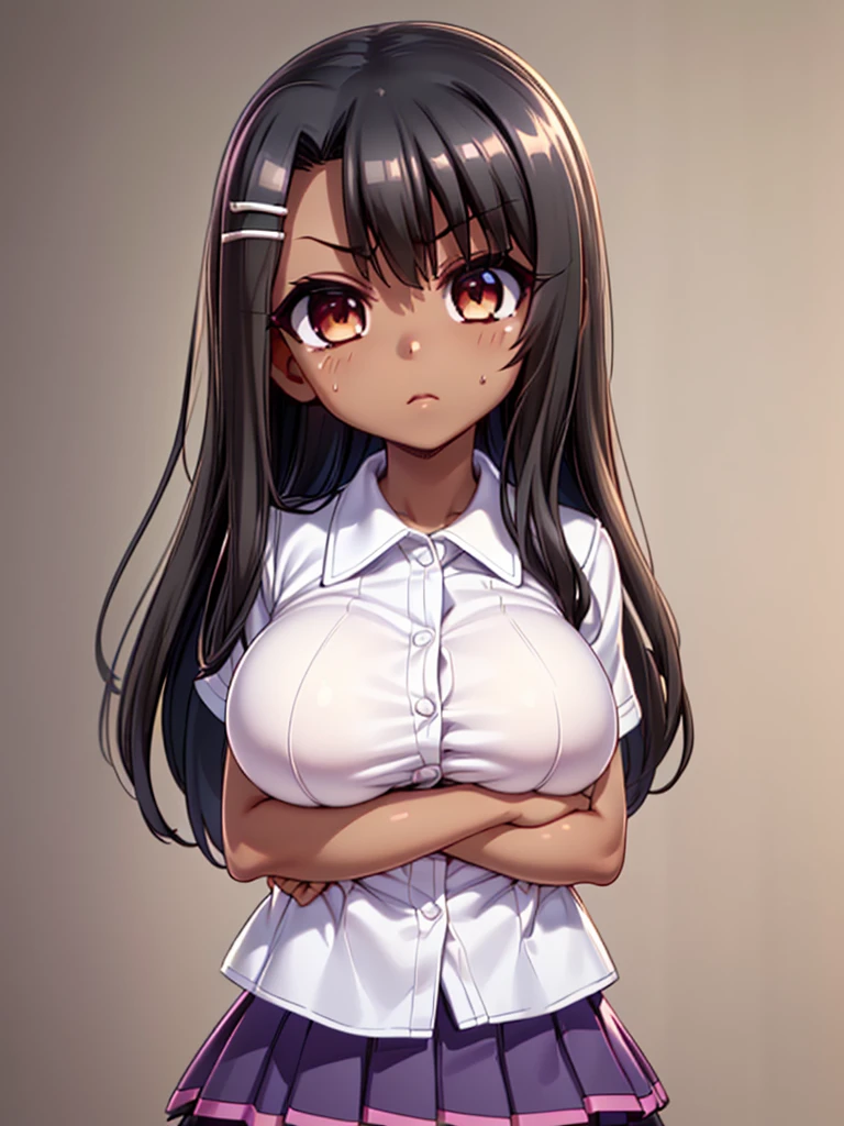 great quality ++ Extremely detailed high resolusionolution, (((very aesthetic))), expressive eyes, (((perfect face))), (((((face symmetrical))))), ((((perfect face)))), (((((good anatomy))))), (((perfect hands))), (((8k)))), UHD, HD wallpaper, (((high detailed calidra, (((((1girl)))))), only, ((((Masterpiece)))), ((((Best quality))))), ((((high resolution)))), Highly detailed, (illustration), beautiful detailed eyes, (((combatant))), (((1girl)))), (((illyasviel von einzbern))), (((brown eyes))), (((black hair))), (((long hair))), (((dark skin))), (((dark-skinned female))), (((tan))), (((tanlines))), (((hairclip))), (((white shirt))), (((collared shirt))), (((pleated skirt))),  (((asymmetrical body))), (((asymmetrical hair))), (((asymmetrical clothes))), (((adult body))), (((milfication))), (((mature female))), (((((big breasts))))),
