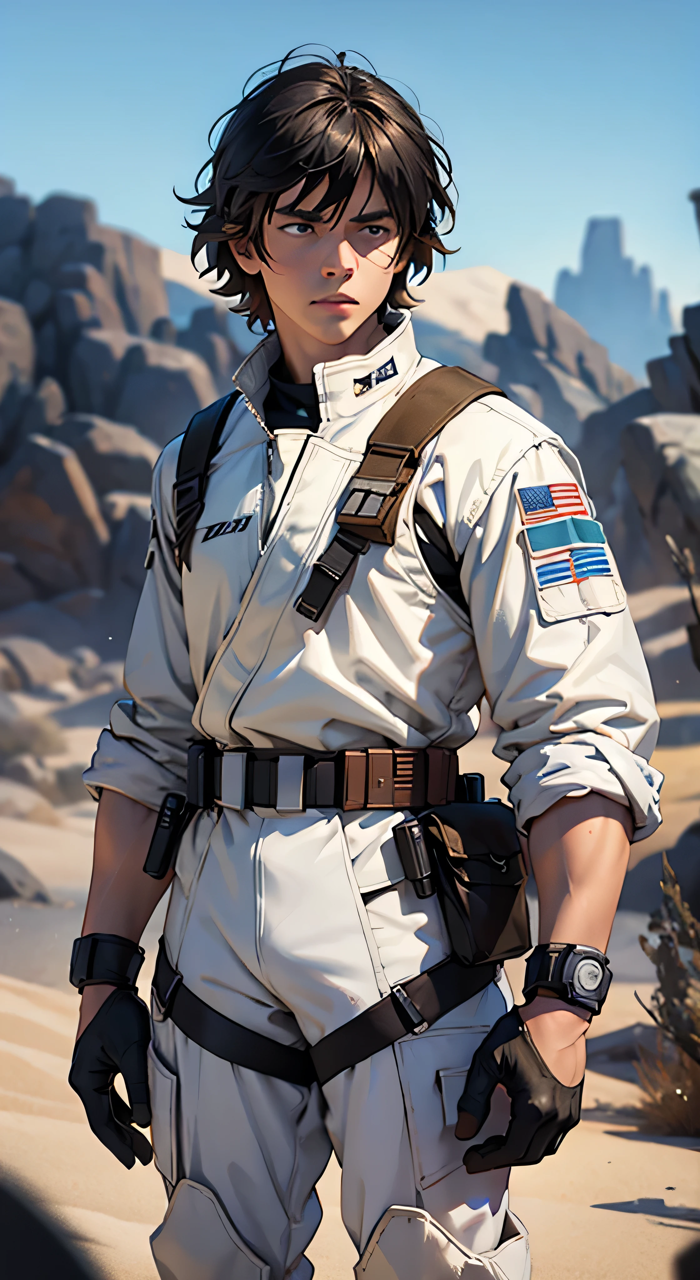 A scene from a movie,(Star Wars Series IV)Futuristic atmosphere with guns in hand。『The Return of Luke Skywalker』、『Tatooine House』、『CGSsociety』and『Fenghua Zhong』Such、A perfect movie、This is a scene where the character appears fully armed and in costume.