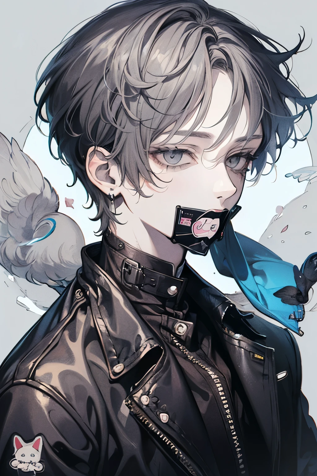 Beautiful young man, darkblue-haired, ((Gray eyes)),(short wave hair:1.2), (Mouth gag:1.2),leather jacket,clear wear,High quality, amount of drawing, pixiv illustration,(animal sticker:1.2),close-up Face.