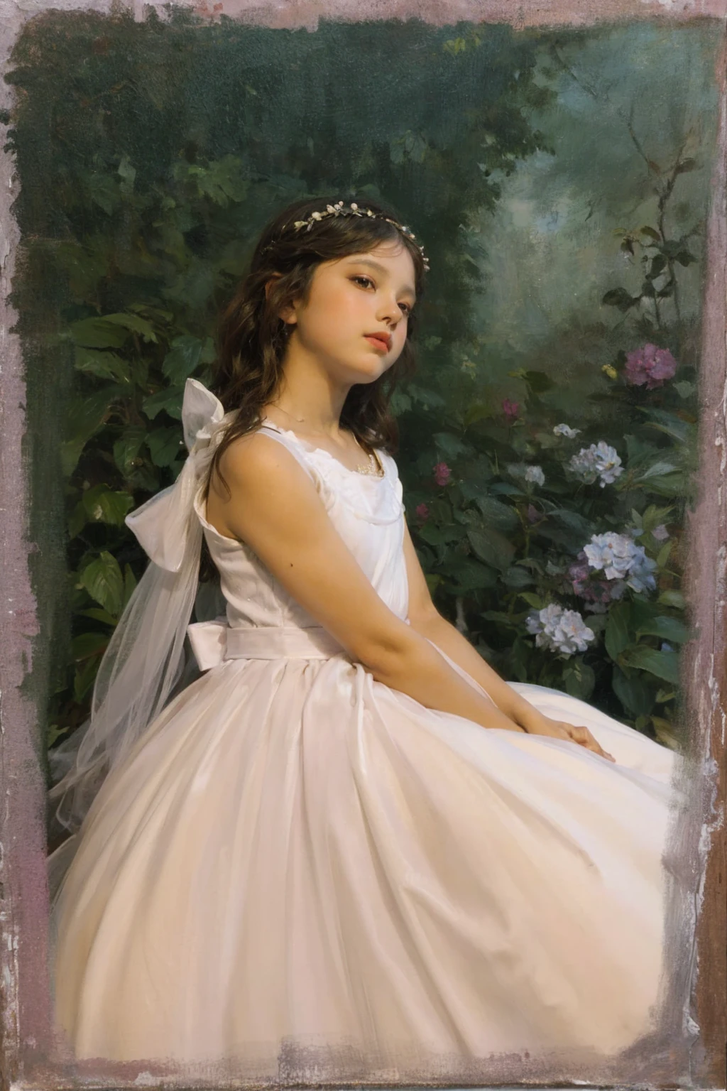 painting of a young girl in a white dress sitting in a garden, Portrait painting of a princess, portrait of fairy princess, princess portrait, Portrait of a princess, inspired by William-Adolphe Bouguereau, princess portrait, Pudica bouguereau style pose, classic portrait, beautiful languid princess, a stunning young ethereal figure