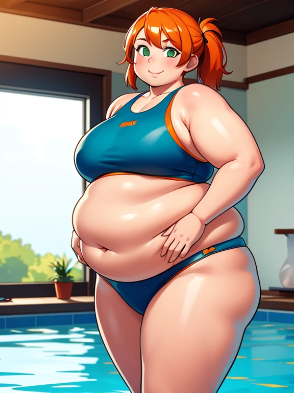 (masterpiece, best quality), 1girl, orange hair, green eyes, pale skin, wearing a dark blue one-piece swimsuit, Chubby, Chubby Face, Round belly, Plump, Fat, Fat Rolls, looking at viewer, smiling, indoors, indoor swimming pool
