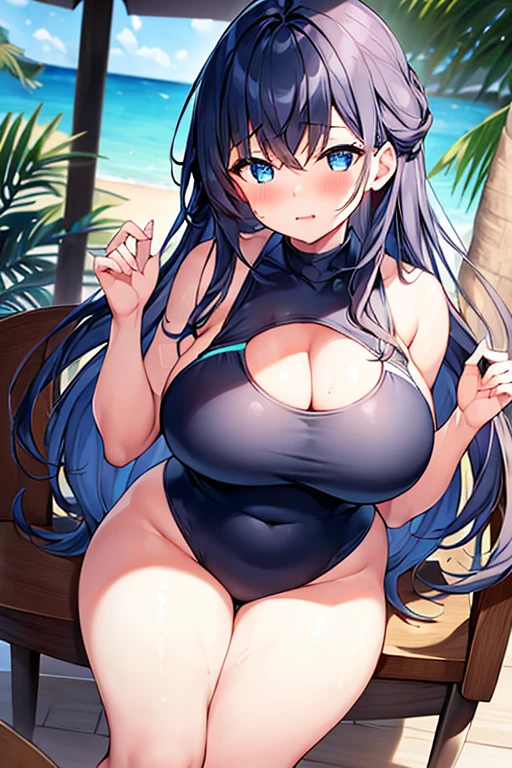 1girl, large breasts, thick thighs, wide hips, blush, blushing, wavy mouth, shy, timid, blue eyes, dark blue hair, black hair, black swimsuit, one-piece swimsuit, blue trim, light blue trim, from behind, bare legs, mature female, tall