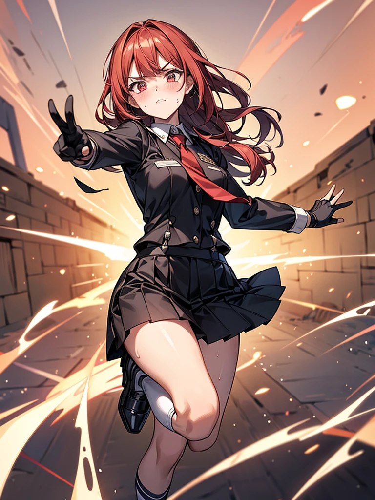 Dynamic composition,{{masterpiece}}, {{{Highest quality}}},{{Very detailed}}{{{A mature woman attacks with fire magic}}},{{疲労でSweatをかいている成人女性}},Sweat,action,{{Blushing}},{{V-shaped eyebrows}},{{Long sleeve mini skirt uniform}},{{suspenders}},{{{Fight}},{Forward tilt},Raise your hand,Shoot flames from your hands ,{{Jump}},{{Eyelet foot}},,{{Magic Attack}},{{}},,Slender body}}{{Female police officer}},,,,suspenders ,Long sleeve mini skirt uniform, White High Socks,Black fingerless gloves, Long Red Hair, Red tie,Straight hair ,Blunt bangs,.amountn loafer,,blush,Wrinkles ,amount,,suffering,v-shaped eyebrows.,Sweat dripping,Medium chest ,get annoyed,