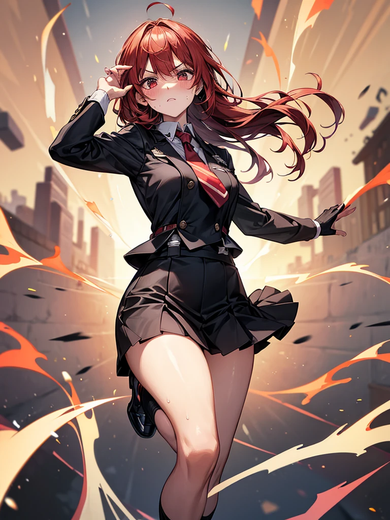 {{masterpiece}}, {{{Highest quality}}},{{Very detailed}}, {{figure}},{{tall}},{{Adult female}},,{{Fighting stance}},{from side},{{Long sleeve mini skirt uniform}},{}},}}{}},{fighting stance}},{},{}, ,{{}},{{Eyelet foot}},,{{blushing with anger}},{{}},,{{}},{{}},,Slender body}}{{}}{{Female police officer}},,,,suspenders ,Long sleeve mini skirt uniform, White High Socks,Black fingerless gloves, Long Red Hair, Red tie,Straight hair ,Blunt bangs,Thigh holster,.amountn loafer,,blush,Wrinkles ,amount,Grit your teeth,suffering,v-shaped eyebrows.,Sweat dripping,Medium chest ,get annoyed,,Slums,,Twisting,