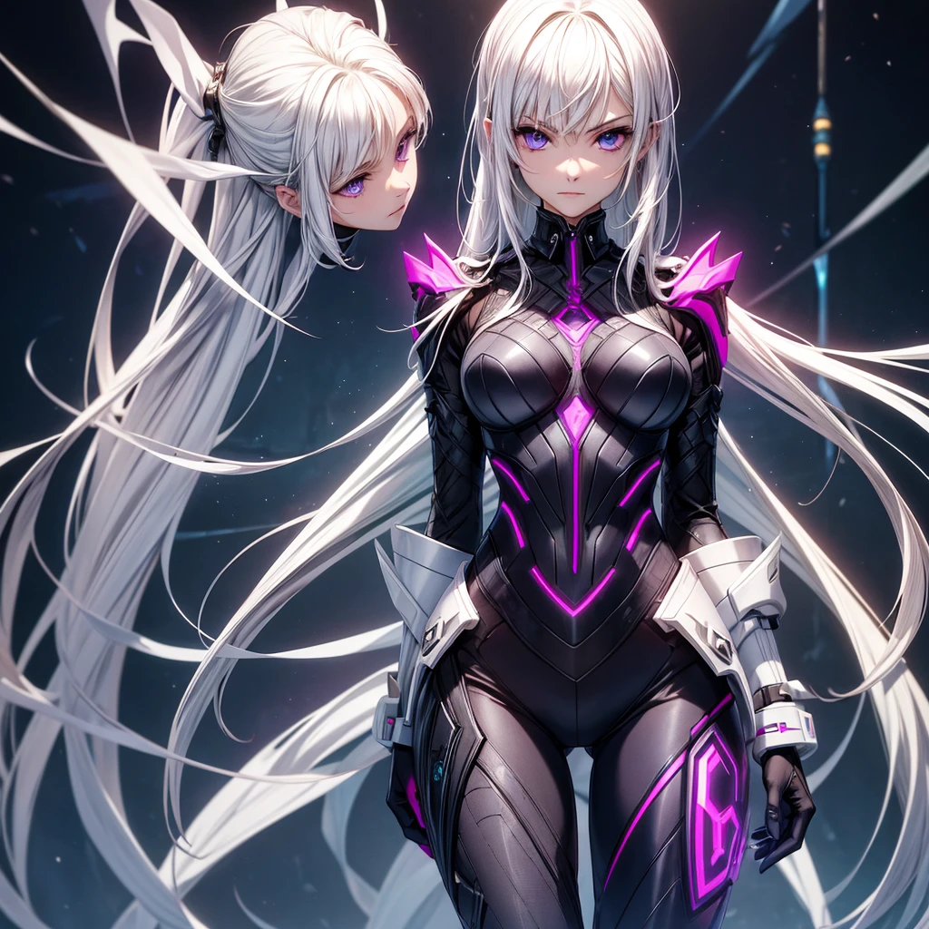 ((Best Quality)), ((Masterpiece)), ((Realistic)) slender, cute girl with medium-length white hair and vibrant purple eyes. She wears a tight-fitting, sleek suit with high-tech boots and chestplates. The outfit includes matching vambraces, all in a futuristic, high-tech design. She wields a high-tech sword, adorned with glowing lights along the blade and hilt. The girl's expression is calm and focused, complementing her stylish, advanced gear.