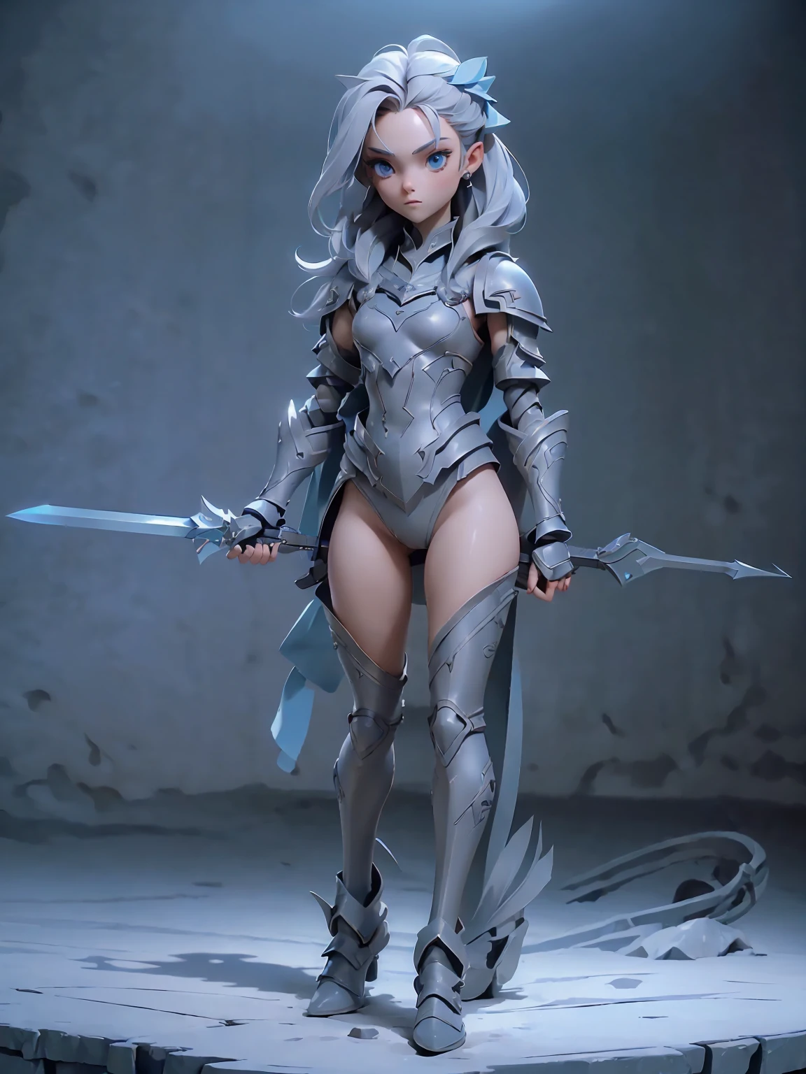(((masterpiece, best quality, high detailed, 8k))) Design a layout showcase Gaming character, (1girl). Blue|Silver clothes, stylish and unique. ((showcase weapon:1.4)), bow and arrows. (masterpiece:1.2), (best quality), 4k, ultra-detailed. (Step by step design, layout art:1.5), (luminous lighting, atmospheric lighting). archer, ((glove full hands)), (((revealing clothes:1.3))), vambraces, armored legwear, (((full_body_shot:1.4))). {On a snowy mountain}