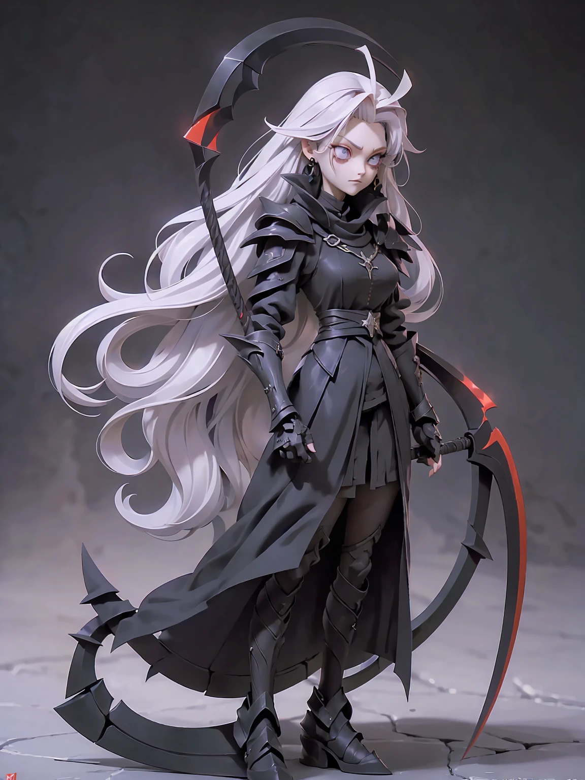  (((Masterpiece, best quality, 16k))) female character with long white hair and piercing red eyes. She wears a demonic armor in purple, black, and white.  wields a large, stylized scythe. The character has a menacing expression, with a chaotic environment as the background. ((full body front view)). ((slender)), (extremely detailed:1.5), (long white hair:1.2), (piercing red eyes:1.2), (chaotic environment:1.1), (demonic armor:1.3), (stylized scythe:1.3).