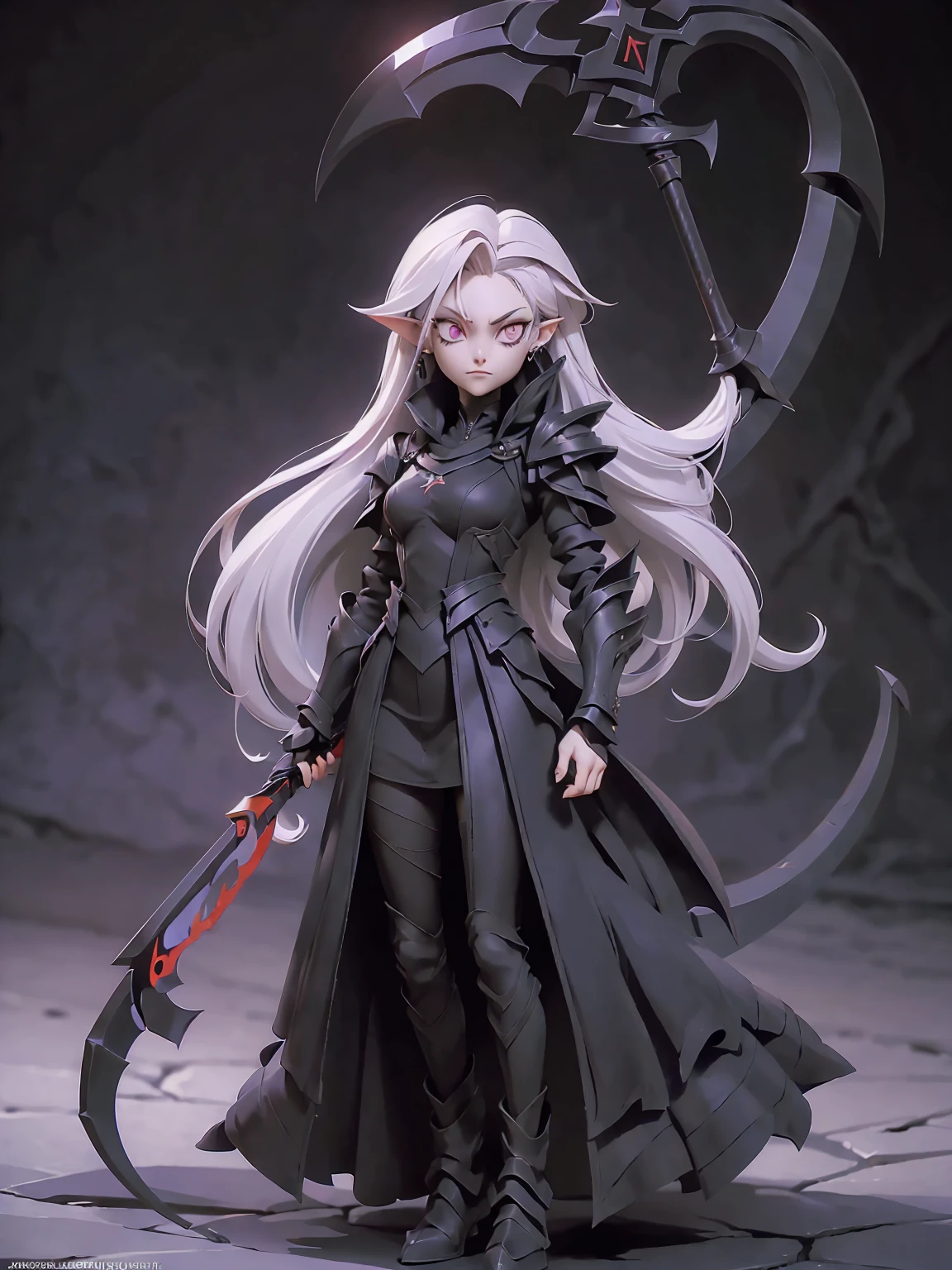 (((Masterpiece, best quality, 16k))) female character with long white hair and piercing red eyes. She wears a demonic armor in purple, black, and white. wields a large, stylized scythe. The character has a menacing expression, with a chaotic environment as the background. ((full body front view)). ((slender)), (extremely detailed:1.5), (long white hair:1.2), (piercing red eyes:1.2), (chaotic environment:1.1), (demonic armor:1.3), (stylized scythe:1.3).