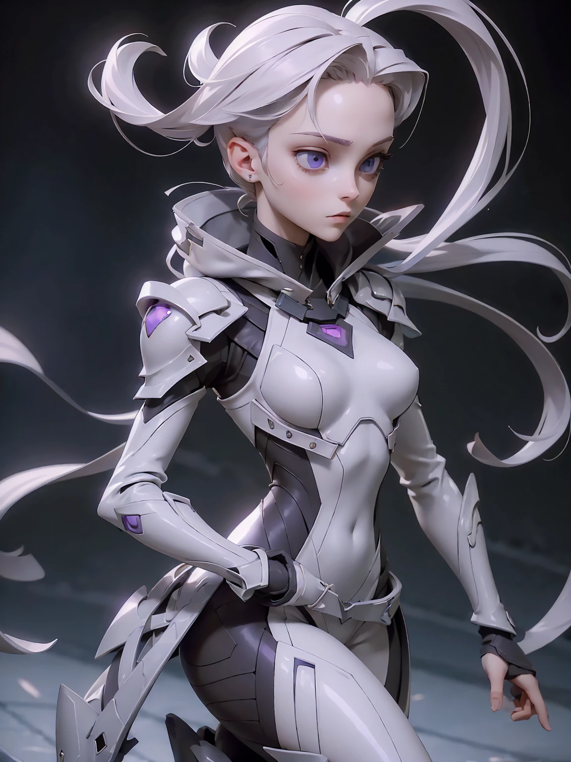((Best Quality)), ((Masterpiece)), ((Realistic)) slender, cute girl with medium-length white hair and vibrant purple eyes. She wears a tight-fitting, sleek suit with high-tech boots and chestplates. The outfit includes matching vambraces, all in a futuristic, high-tech design. She wields a high-tech sword, adorned with glowing lights along the blade and hilt. The girl's expression is calm and focused, complementing her stylish, advanced gear.