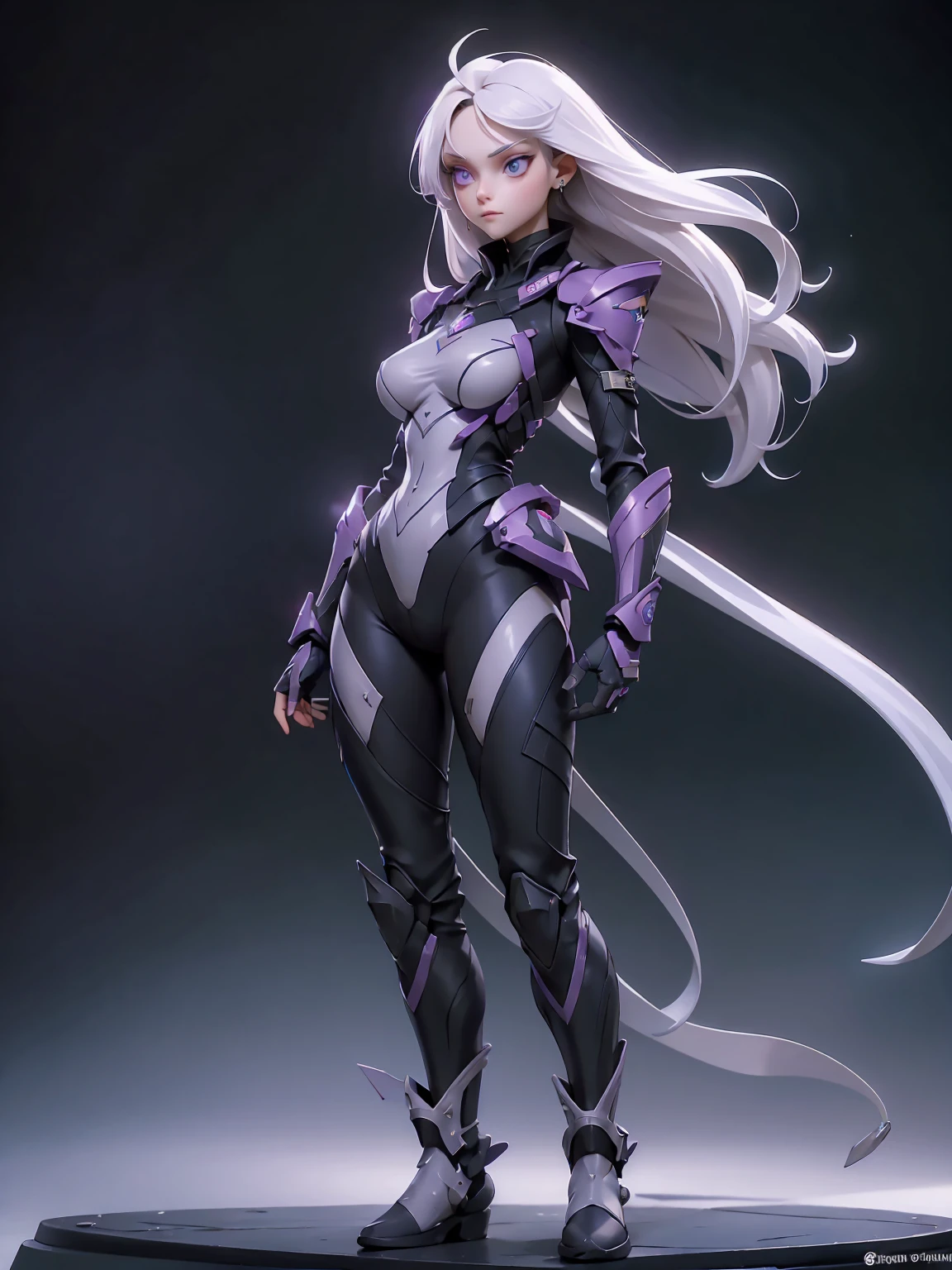 ((Best Quality)), ((Masterpiece)), ((Realistic)) slender, cute girl with medium-length white hair and vibrant purple eyes. She wears a tight-fitting, sleek suit with high-tech boots and chestplates. The outfit includes matching vambraces, all in a futuristic, high-tech design. She wields a high-tech sword, adorned with glowing lights along the blade and hilt. The girl's expression is calm and focused, complementing her stylish, advanced gear.