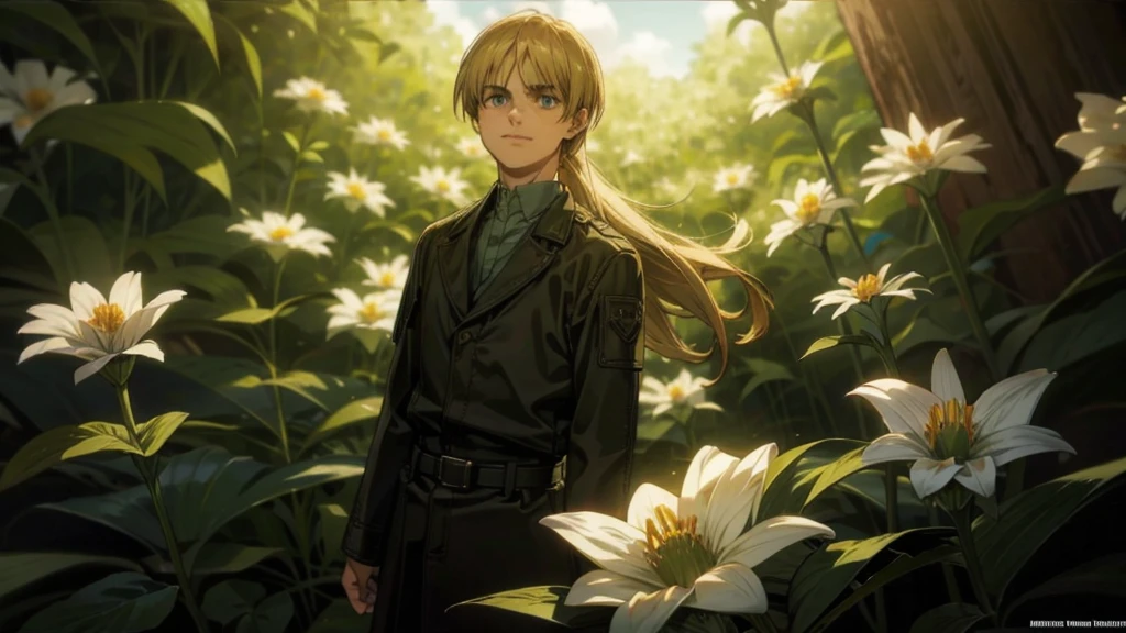 Armin alert, 1boy!, close-up, ((a guy stands in flowers!)), lots of plants, decorative ivy, sky in clouds, sun, natural lighting, beautiful face, (man's long hair), beautiful eyes, realistic eyes, anime eyes, adorable face, smiling, EasyNegativeV2