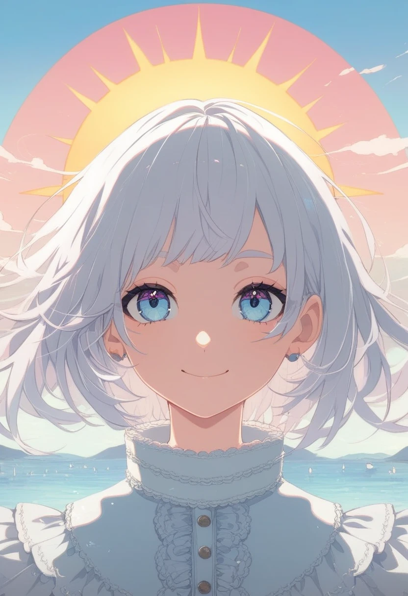 Masterpiece, best quality, very aesthetic, 1girl, smile, white hair, blue eyes, anime illustration, pastel colors, detailed, portrait, scenery, sun, ratatatat74