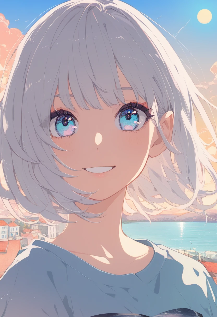 Masterpiece, best quality, very aesthetic, 1girl, smile, white hair, blue eyes, anime illustration, pastel colors, detailed, portrait, scenery, sun, ratatatat74