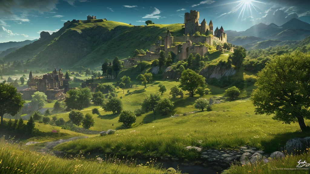 Detailed fantasy RPG landscapes, Lush pastures, Gentle hills, Dense forest, Distant Castle, Sunshine shining in, Cinema Lighting, Intricate details, Incredible 4K resolution, Surreal, Very detailed, masterpiece