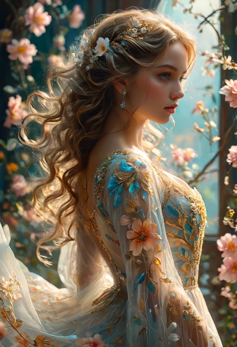 A delicate portrait, dynamic art nouveau pose, Anna Dittmann style, an ethereal spirit of a beautiful maiden, in a white floral transparent dress, gracefully adorned with the essence of blooming flowers embroidered in gold threads. Long, light brown, curly hair cascading gracefully down her back, in a perfect body from the knee up, intertwined with delicate floral details that reflect the surrounding flowers. Her crystal blue eyes, clear and detailed, a touch of magic and mystery, pastel colors, intricate details, fairy tale.