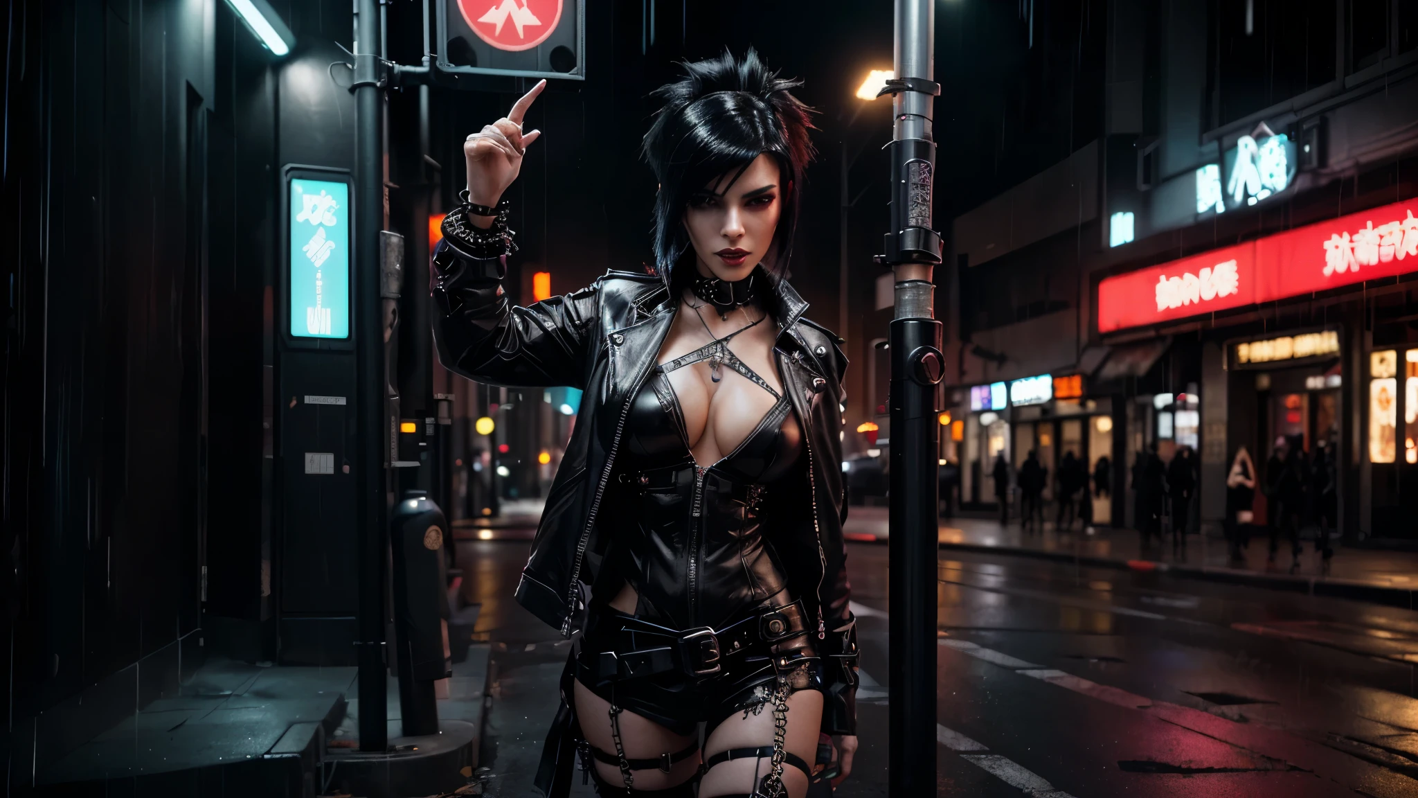 photo in cyberpunk style, portrait, cyborg, half-human, stern face, green eyes, gothic makeup, multi-colored hair, bob hairstyle, slim body, large breasts, wide hips, (highly detailed face, detailed eyes), black leather corset with mechanical inserts, (Blak leather micro skirt), deep neckline, black stockings with garters, looking at the viewer, night, neon, depth of field, bokeh