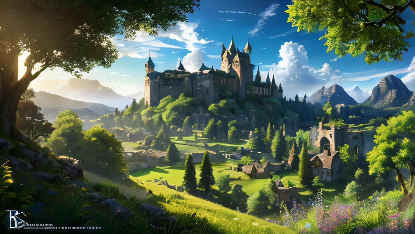Detailed fantasy RPG landscapes, Lush pastures, Gentle hills, Dense forest, Distant Castle, Sunshine shining in, Cinema Lighting, Intricate details, Incredible 4K resolution, Surreal, Very detailed, masterpiece、Clear blue sky