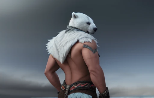 Fotografia dinâmica Polar bear stands looking at the sky Medium muscular, frozen planet setting, snowstorm , zoomed in on crotch, , chunie, darkgem, He uses an old, torn blanket made of animal hide as a garment for his body. Polar bear stands looking at the sky Medium muscular, frozen planet setting, snowstorm , zoomed in on crotch, , chunie, darkgem, He uses an old, torn blanket made of animal hide as a garment for his body. (fantasy character design, front angles, side angles, rear angles) ((masterpiece)), (((best quality))),(CharacterDesignSheet, Same paper, facade, side face, back), concept art, character concept art, character sketches, cheat sheet, design table roles.