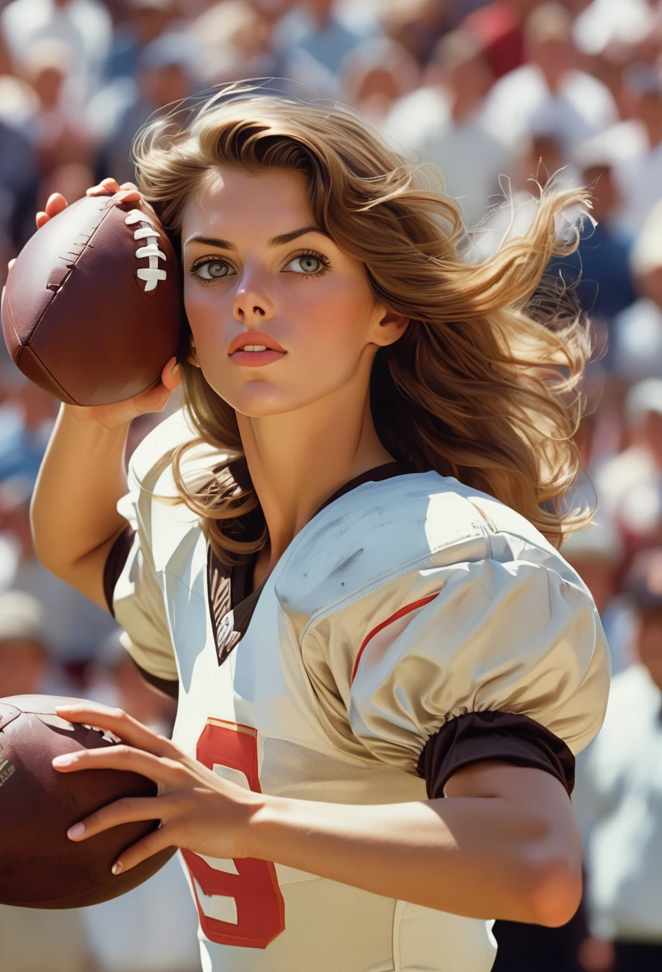 Photo, Closeup female quarterback throwing a football, midriff. Style by J.C. Leyendecker, Canon 5d Mark 4, Kodak Ektar, 35mm