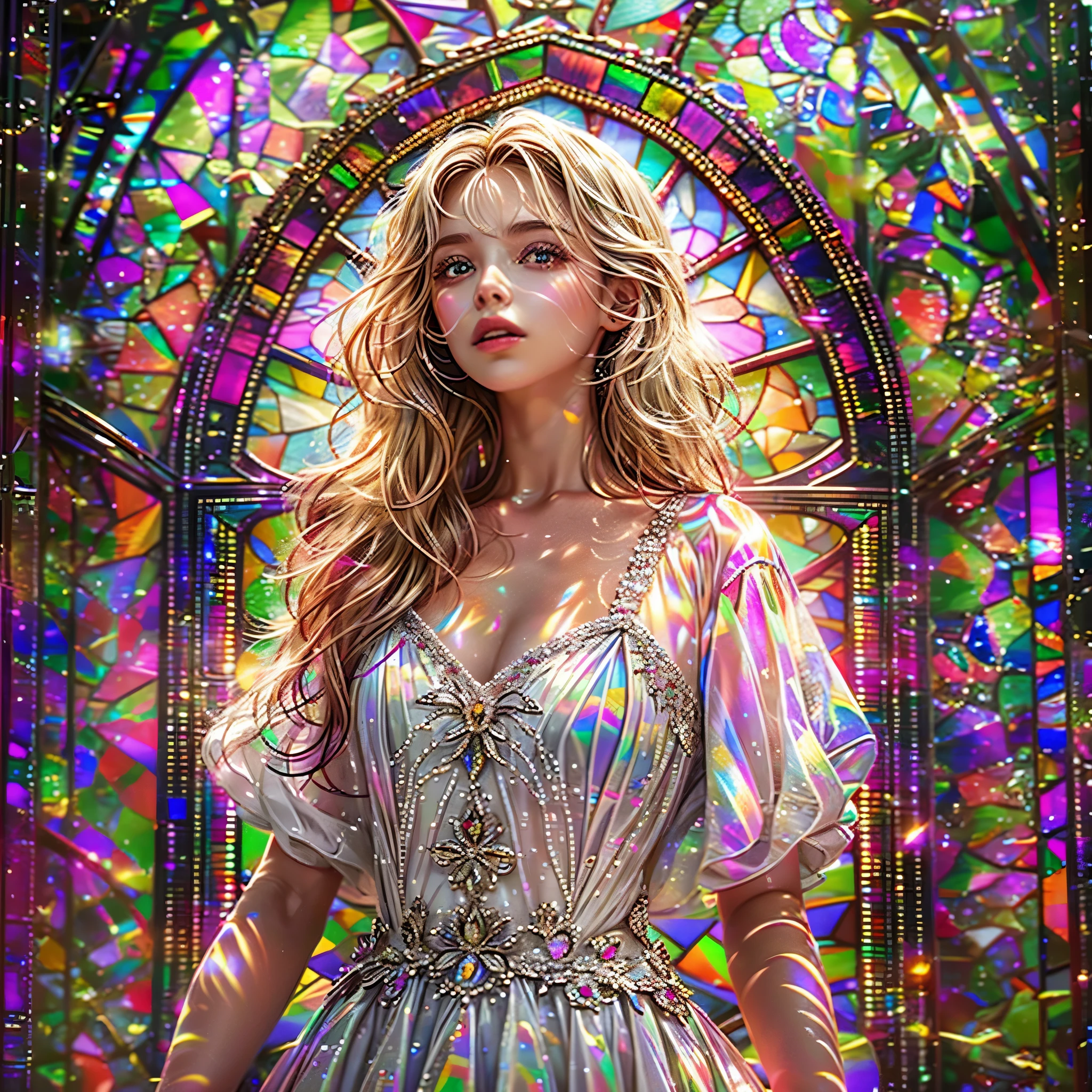 Red carpet (Cathedral from below:1.28) VolumetricLighting (FullBody ZoomedOut:1.28 Wide-shot) ZoomLayer (BokeH:1.32), ((TopQuality 8K masterpiece of (Professional photo:1.37)), (((Clarisse de Cagliostro))) (Detailed Delicate White Dresses), Chain, Extremely detailed (KAWAII face) {(VeiledFace)|BlondeHair|(Spanking BuleEyes)}, The background is distant (((Elaborate stained glass))) Rainbow Glass, (MysticSight) {(GodRays)|Haze|TyndallEffect}, Radiant PearlSkin with Transparency, (Exposed:0.99)