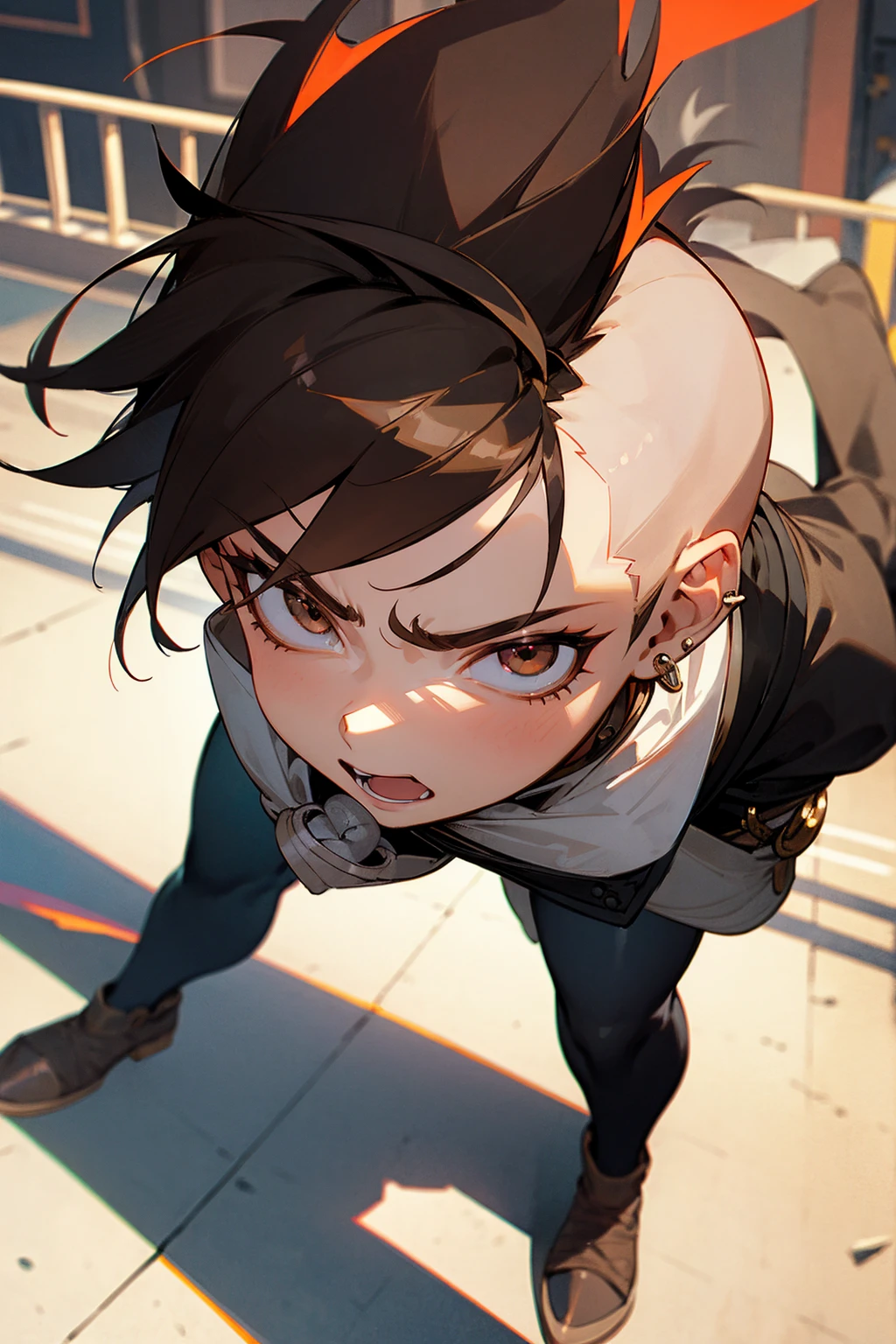 Masterpiece Quality, Perfect Generation, Sclera, Detailed Eyes, Skin, Hair, Muscular, Clothing,Insane Expression, , Street Background, Full Body, Skin, , , , facing viewer, Standing , Clothed, , Eyes, hair, , hair, hair, , , U , Male, , ,, , street clothing, , middle aged, Black hair, Short Spiked Mohawk fade, Brown Eyes, Muscular, Earrings, Highlighted hair,