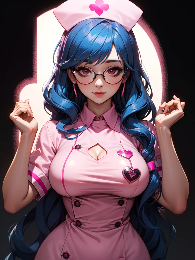 (((Portrait Photo))), She has the Appearance of a Caring and Professional Young Nurse, with a Voluptuous Figure that Radiates Kindness and Competence. Her Long, Wavy Blue Hair is Elegantly Styled, Falling Gracefully Over Her Shoulders and Framing Her Gentle Face. Her Large, Red Eyes, Enhanced by Glasses, Reflect a Deep Compassion and Warmth, Inviting Trust and Comfort. Her Expression is Soft and Understanding, with a Hint of a Smile that Conveys Reassurance and Dedication. (((High Quality, Dark Background))), (((Portrait Photo))), (((Sexy Pink Nurse's Uniform Accentuates Her Curves))), (((Slightly Reveals Her Chest))), (((Heart Shape Eyes)))