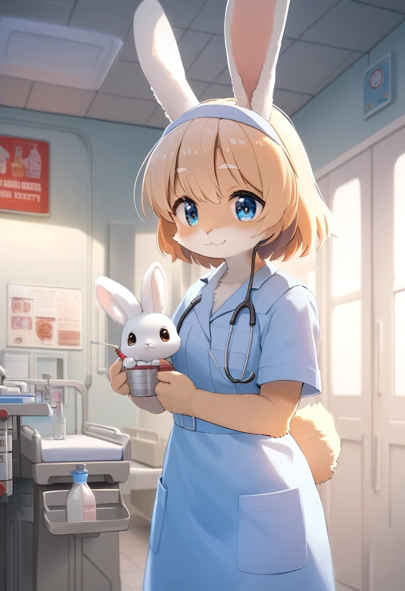 ((Masterpiece)), ((Best Quality)), (Very Detailed), ((Very Detailed)), 4K, (8K), very aesthetic, absurdres highres, 1 girl, (anthropomorphic Rabbit, furry, kemono:1.5), A scene in which a nurse wearing a white uniform is inputting data on a computer at a nursing station illuminated by bright white lights. A hospital hallway can be seen in the background, with clean, calming tones throughout. The nurse's smile and professional attitude are emphasized, and computers and documents are neatly lined up.