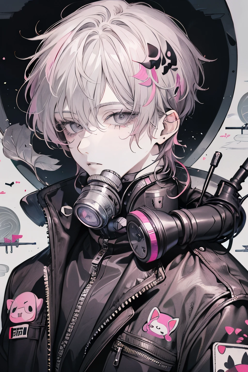 Beautiful young man, pinkpurple-haired, ((Gray eyes)),(short wave hair:1.2), (gas mask:1.2),leather jacket,clear wear,High quality, amount of drawing, pixiv illustration,(animal sticker:1.2),close-up Face.