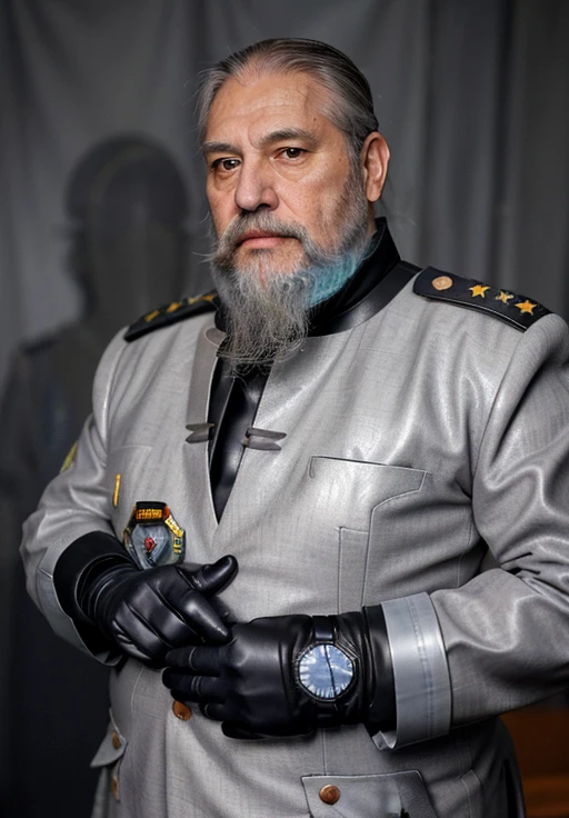 ,o general caminha ao corredor em uma cadeira futurística flutuando,   fotografia de Corpo completo imagem de corpo inteiro, fotografia dinâmica, The space general aged 65 has long gray beard and long beard, wears a futuristic uniform, he is fat bearded, long sleeve uniform , wearing leather gloves on your hands, , He wears a white general&#39;s hat on his head. He wears a general&#39;s hat.((He is very chubby and has a white Speedo, in a huge swimming room he wears no clothes, ))), Inside the spacecraft. Full body photography Full body photography ))), Inside the spacecraft.