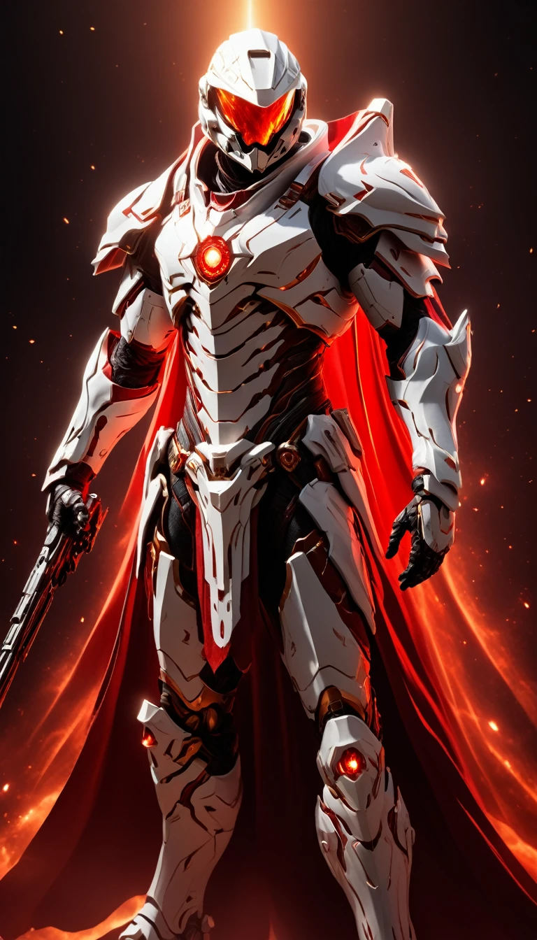 Masterpieces, male, Holy white Knight, Action style shot, (Battle Priest in a warframe and halo style armor wielding a destiny style shotgun with radiant red light, emanating potent red light magic.), (white, red and silver color scheme), (gem on chest), (red magic effects), (white cape and hood), (action shot: brandishing a destiny style assault rifle), white and red tabard (solid gold color background), (red magic background effects), centered, full body shot fighting, sci-fi knight, Halo master chief, vibrant colors, visible figure joints, cinematic shot, volumetric lighting, intricate pattern detail, highly detailed