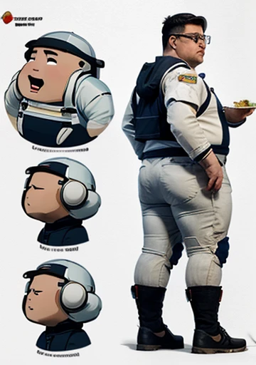 Wearing transparent red prescription glasses,(((He is very chubby and is having a meal in the cafeteria with other Astronauts))), Inside the spacecraft.Polar bear stands looking at the sky Medium muscular, frozen planet setting, snowstorm , zoomed in on crotch, , chunie, darkgem, He uses an old, torn blanket made of animal hide as a garment for his body. (fantasy character design, front angles, side angles, rear angles) （（masterpiece））, （(（best quality）））,（CharacterDesignSheet, Same paper, facade, side face, back), concept art, character concept art, character sketches, cheat sheet, design table roles, （simple background ，white background: 1.3), gesturing with hands towards the viewer, communicating with hands,🤗(view from the coast of photography),Snthwve Nvinkpunk Style Snthwve Nvinkpunk Style full body full body photograph image full body, （（tmasterpiece）），（（（best qualtiy））），（CharacterDesignSheet，Same role，frontage，Side face，on back），concept-art, character concept art, character sketches, cheat sheet ，Paper table，(simple background，white background： 1.3), gesturing with his hands towards the viewer, communicating with his hands.