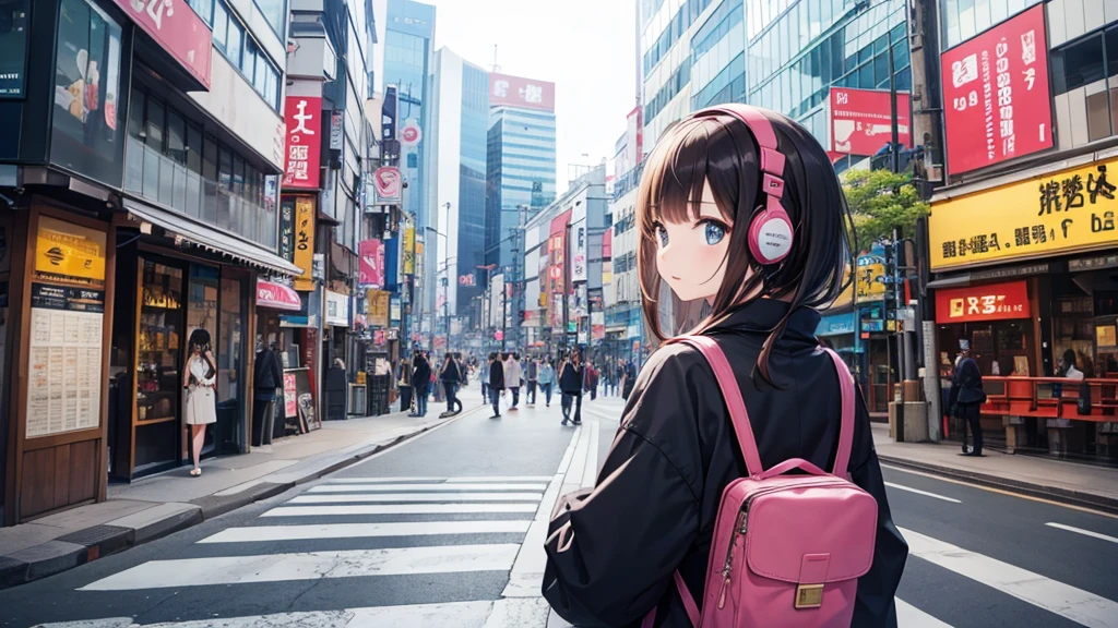 A stylish girl wearing headphones, traveling through Osaka, looking sideways, with a background scene from somewhere in Osaka