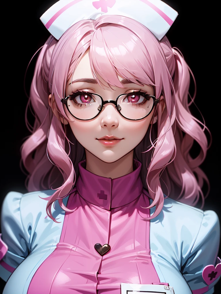 (((Portrait Photo))), She has the Appearance of a Caring and Professional Young Nurse, with a Voluptuous Figure that Radiates Kindness and Competence. Her Long, Wavy Blue Hair is Elegantly Styled, Falling Gracefully Over Her Shoulders and Framing Her Gentle Face. Her Large, Blue Eyes, Enhanced by Glasses, Reflect a Deep Compassion and Warmth, Inviting Trust and Comfort. Her Expression is Soft and Understanding, with a Hint of a Smile that Conveys Reassurance and Dedication. (((High Quality, Dark Background))), (((Portrait Photo))), (((Sexy Pink Nurse's Uniform Accentuates Her Curves))), (((Slightly Reveals Her Chest))), (((Heart-shaped Pupils)))