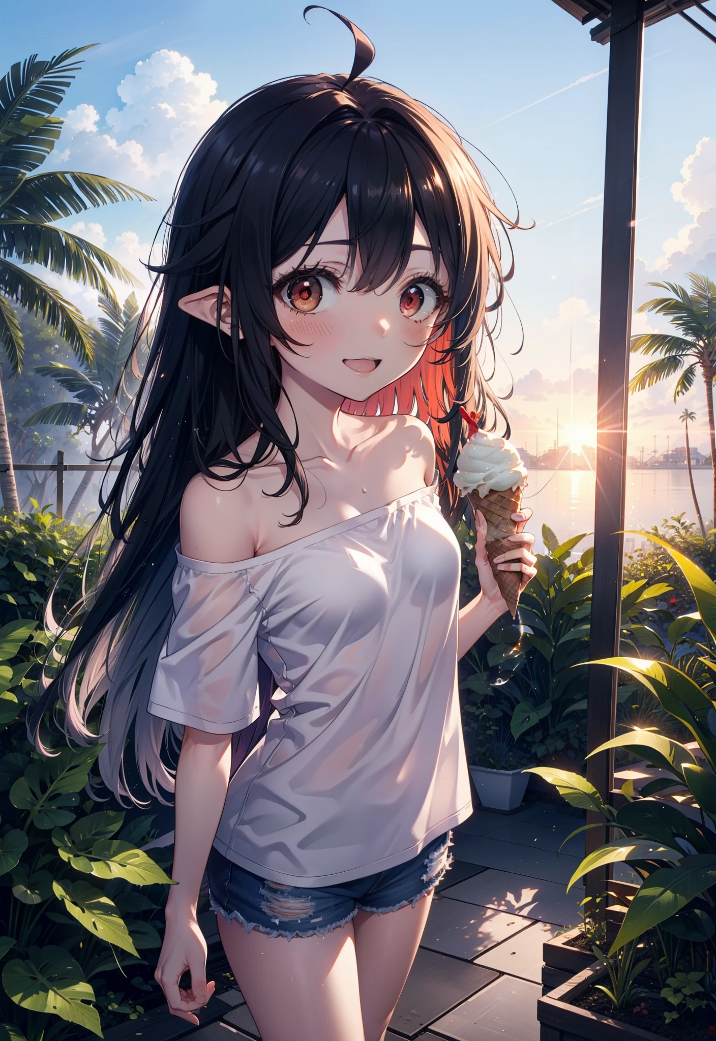 yuukikonno, Yuuki Konno, , Long Hair, Pointed Ears, Purple Hair, Ahoge,(Red eyes:1.5), (Small breasts:1.2), hair band,Oversized one-shoulder shirt,Short sleeve,Shorts,Heeled Sandals,Walking,Daytime,Clear skies,Holding and eating ice cream with both hands,happy smile,smile, Open your mouth,whole bodyがイラストに入るように,Palm tree,
break looking at viewer, whole body,
break outdoors, tropical,In town,
break (masterpiece:1.2), Highest quality, High resolution, unity 8k wallpaper, (figure:0.8), (Beautiful attention to detail:1.6), Highly detailed face, Perfect lighting, Highly detailed CG, (Perfect hands, Perfect ???????),