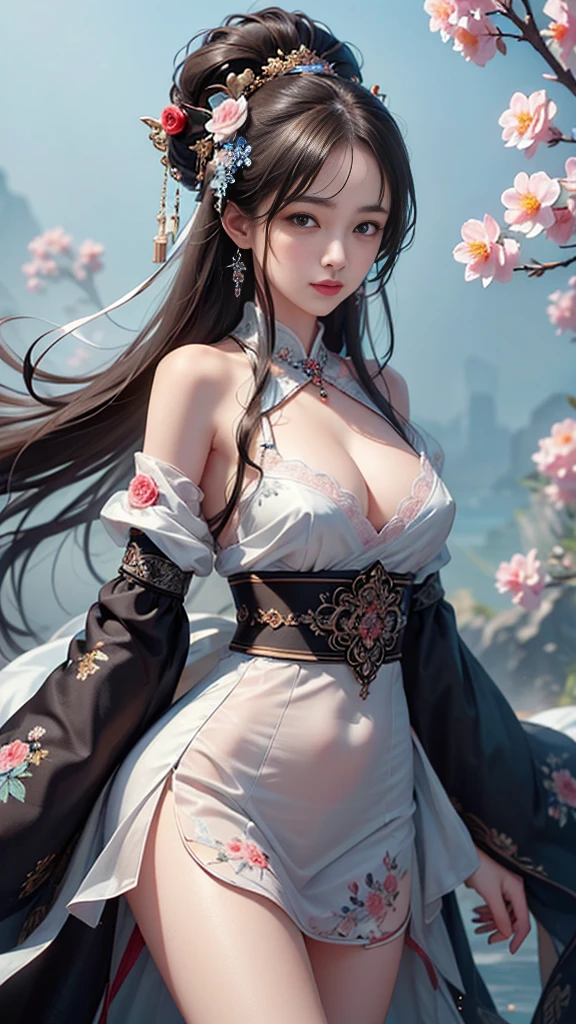loose outfit、Show shoulders、Navel Ejection、How to wear a gown with a dark see-through halter neck broken、Decorated with intricate patterns and dark colors、Transparent material that makes the skin shine、Artistic depiction of seductive woman in gown with wet thin cloth and transparent skin, Floral and fantastic pattern with flowing silky traditional see-through skin。Her dress draped elegantly around her curvaceous figure、Emphasizes her charming silhouette。She's a gentle fireworks night、Dynamic Posing、Sexy Posing、bathed in the soft glow of moonlight。The scene is、With a hint of mystery and sensuality、It exudes an ethereal dreamy atmosphere。The image style is、It incorporates a blend of watercolor and digital illustration techniques.、It makes you feel delicate beauty and charm。Soft moonlit lighting、Cast gentle highlights and shadows on her mesmerizing features。Dynamic Posing、Bold poses、The hand is somewhere、see -through、show through、A sexy、Wet hair、Wet、cherry trees、flower petals、cherryblossom、The cherry tree、Sakura blizzard、buried、Transparent skin、Wet clothes、Chest Pulling、Translucent clothes、Eau、nudde、garterbelts、fishnet tights、huge moon、Upper body photography、masutepiece