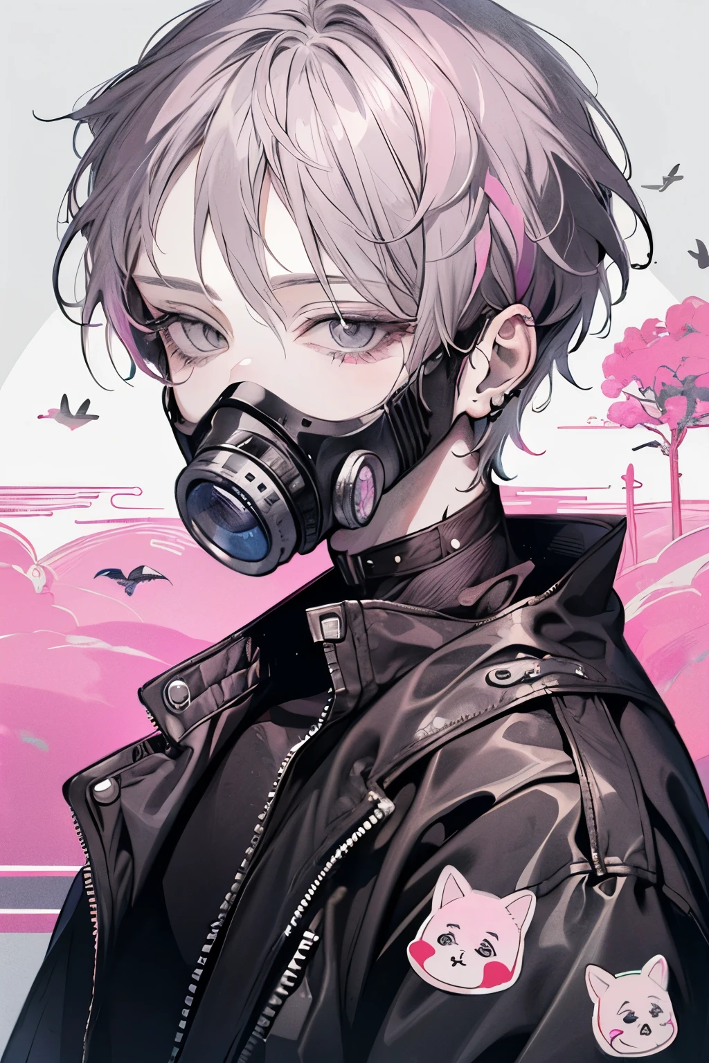 Beautiful young man, pinkpurple-haired, ((Gray eyes)),(short wave hair:1.2), (gas mask:1.2),leather jacket,clear wear,High quality, amount of drawing, pixiv illustration,(animal sticker:1.2),close-up Face.