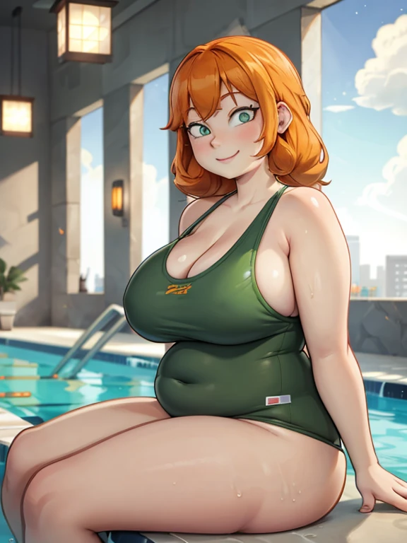 (masterpiece, best quality), 1girl, orange hair, green eyes, pale skin, wearing a dark blue one-piece swimsuit, Chubby, Chubby Face, Plump, Fat, Fat Rolls, looking at viewer, smiling, indoors, indoor swimming pool
